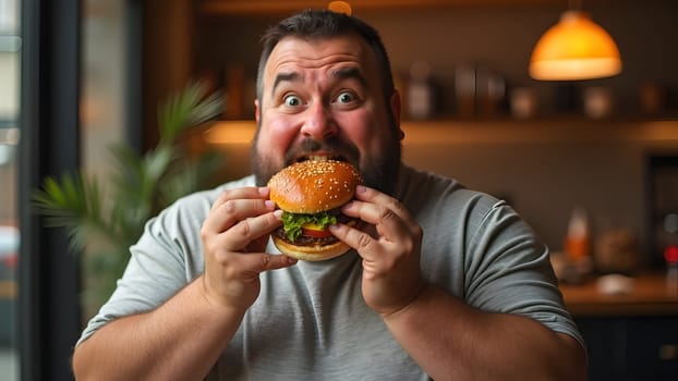 Fat man eating tasty burger