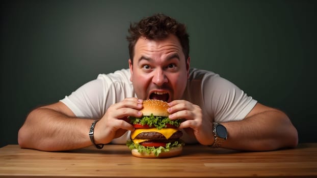 Fat man eating tasty burger