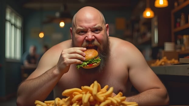 Fat man eating tasty burger