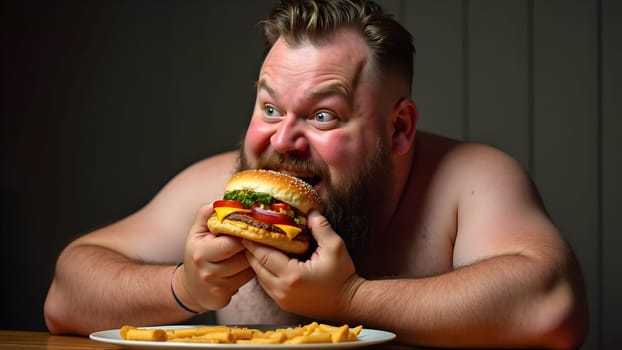 Fat man eating tasty burger