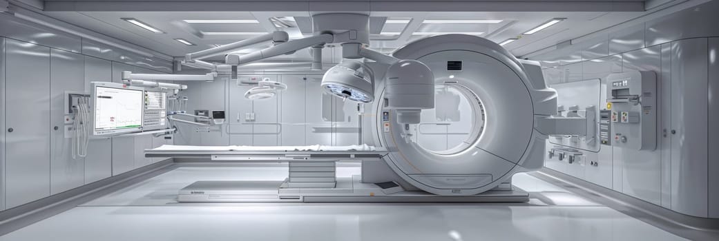 Futuristic white medical imaging room featuring a large MRI scanner and equipment
