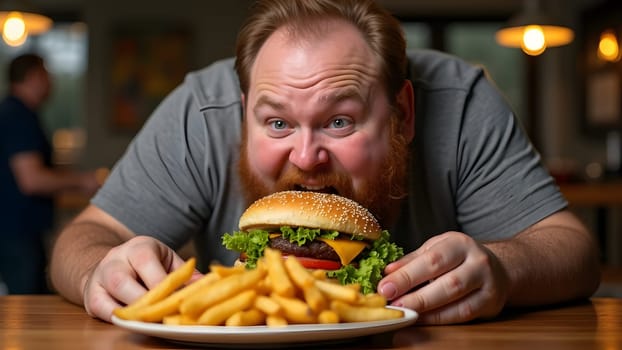 Fat man eating tasty burger