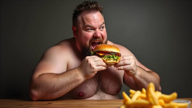 Fat man eating tasty burger