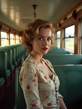Vintage retro woman in the train