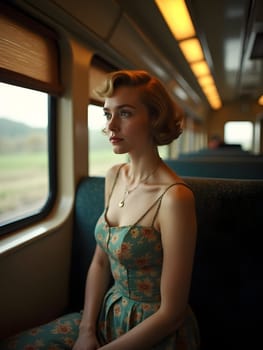 Vintage retro woman in the train