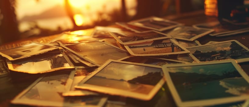 Assorted travel snapshots illuminated by golden sunlight, featuring beach scenes and tropical landscapes