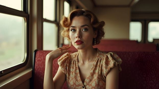 Vintage retro woman in the train