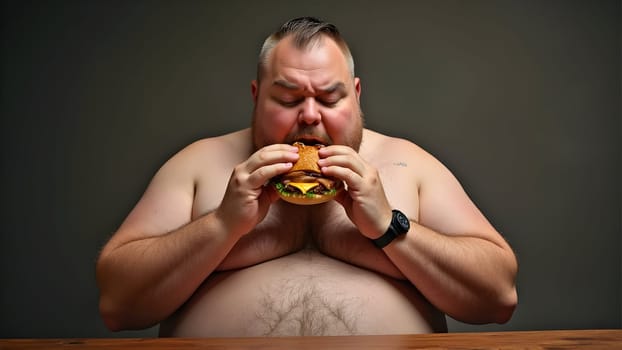 Fat man eating tasty burger