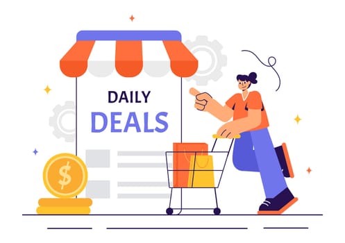 Daily Deals Vector Illustration Showcasing Various Shopping Items with Increasing Discounts to Ideal for Promotions, Sales, and E-Commerce Background