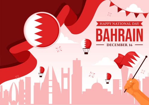 Happy Bahrain National Day Vector Illustration on December 16th, Featuring a Waving Flag in a Patriotic Holiday, in a Flat Style Cartoon Background
