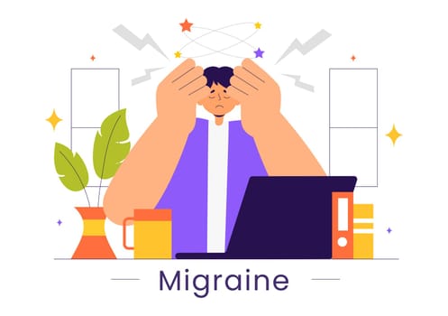 Migraine Vector Illustration of People Suffering from Headaches, Stress, Multitasking, and Migraines in a Healthcare Flat Style Cartoon Background