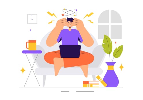 Migraine Vector Illustration of People Suffering from Headaches, Stress, Multitasking, and Migraines in a Healthcare Flat Style Cartoon Background