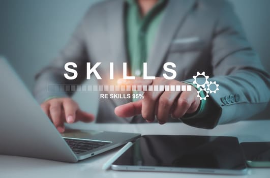 Employee pointing arrow to upskill or reskill, Upskill and personal development concept, Kill training, Education, Learning, Ability, knowledge and competency for digital transformation.