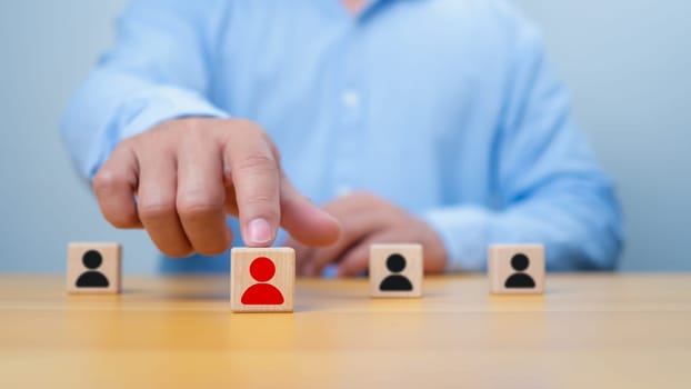 Recruitment employee and talent management with Successful business team leader concept, Business recruiter with one person shown with wooden cubes with icons, Personal auditing or CRM concept.