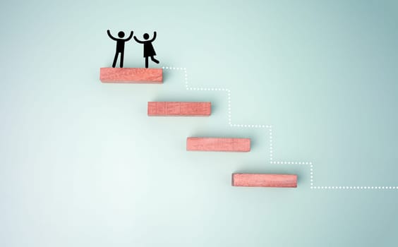 Wooden block stacking as step stair with red paper plane on blue background, Ladder of success in business growth concept.