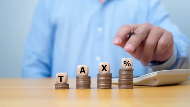 Tax calculating income and return on investment in percentage. Tax staircase Interest rate percent.  Income, Return, Fund, Investment, Dividend tax, Stock market.