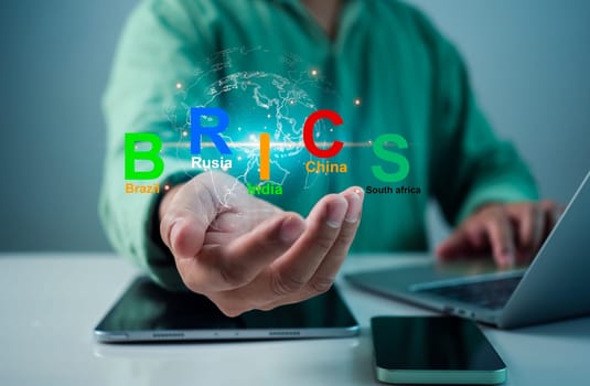 BRICS, Business finance long-term investment analyzes, New group of powerful rising states, Capital gain world money economic growth, Coin stack financial graph chart, Stock trading market service.