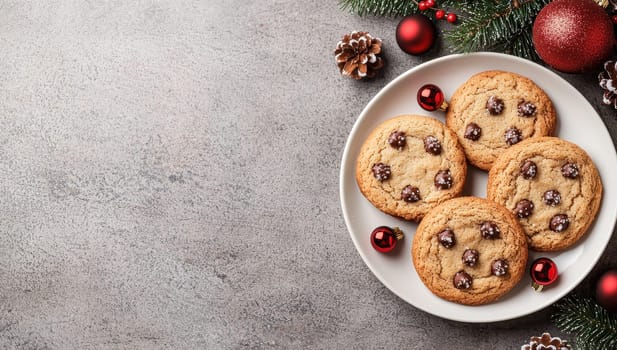 Plate of chocolate chip cookies with festive decorations. Perfect for holiday celebrations.