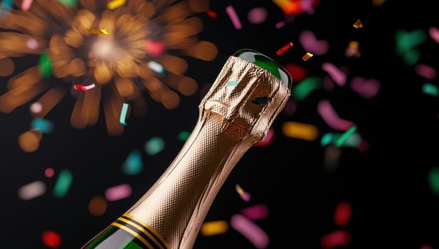 Champagne bottle with confetti and fireworks. Celebration and party concept.