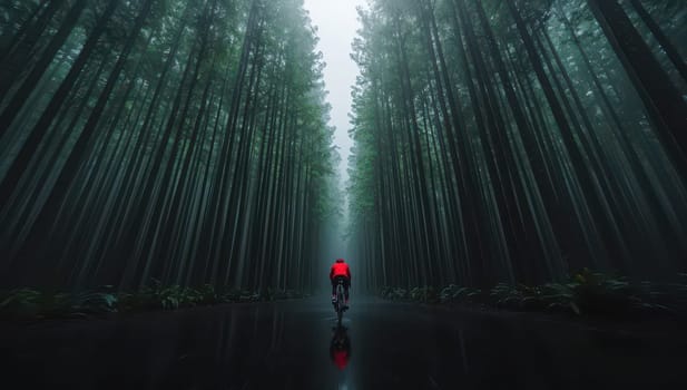 A cyclist riding through a misty forest. Concept of adventure, nature, and exploration.