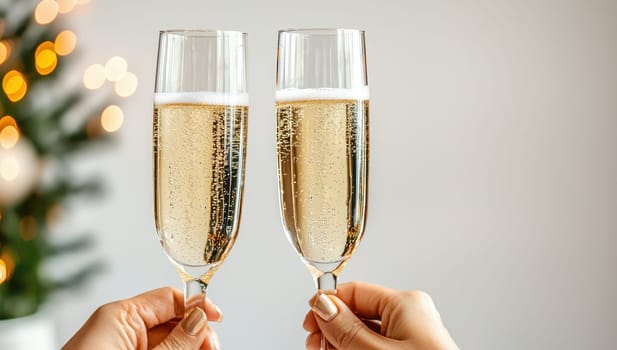 Cheers with champagne flutes. Celebration and toast concept.