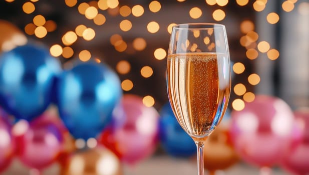 Champagne glass with festive background of balloons and lights. Celebration concept.