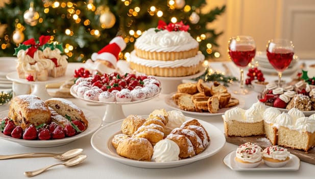 Festive holiday dessert table with cakes, cookies, and drinks. Celebration and joy.