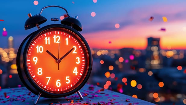 Alarm clock at sunset with festive confetti. Concept of time, celebration, and new beginnings.