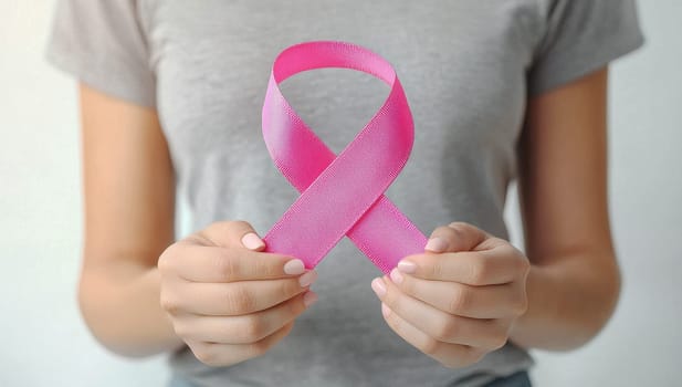 Woman holding a pink ribbon for breast cancer awareness.