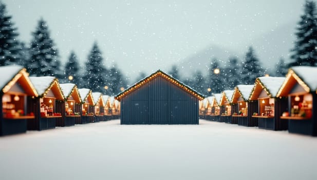 Winter market scene with snow covered stalls and pine trees.