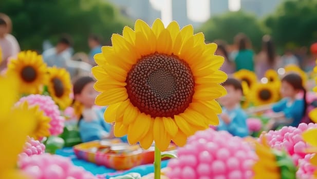Close up of a sunflower in a vibrant outdoor setting with people enjoying a picnic.