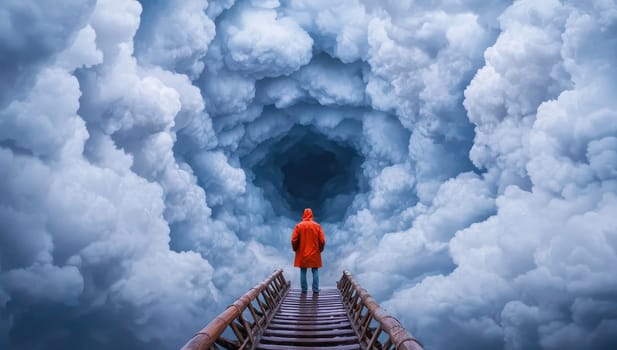 A person in an orange coat standing on a bridge surrounded by swirling clouds. Concept of adventure and exploration.