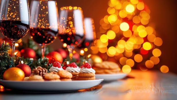 Festive holiday table with wine glasses and cookies. Concept of celebration and Christmas.
