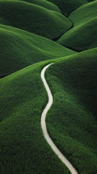 Winding path through lush green hills. Concept of nature, tranquility, and exploration.