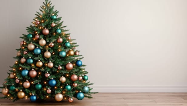 Decorated Christmas tree with colorful ornaments in a cozy room.