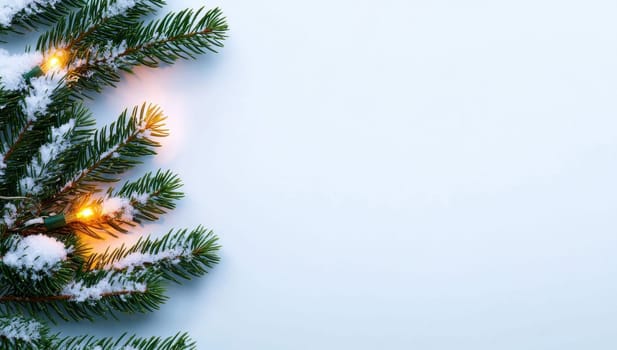 Snow covered Christmas tree branches with lights on a white background.