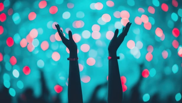Hands raised in celebration at a vibrant music festival with colorful lights.
