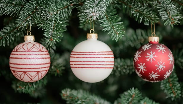 Christmas ornaments hanging on a tree. Festive holiday decoration.
