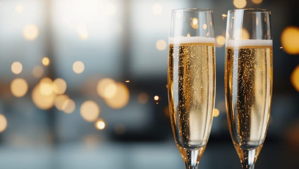 Two champagne glasses with sparkling bubbles. Celebration and luxury concept.