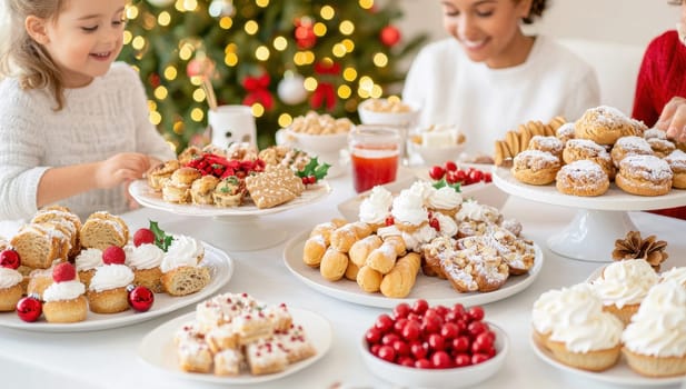 Festive holiday dessert table with cookies and treats. Family celebration concept.