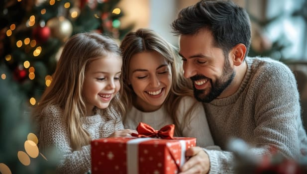 Family Christmas Joy, Parents and Daughter Opening Gifts by Tree