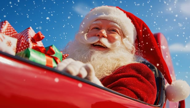 Santa Claus in a red car with gifts, celebrating Christmas in a snowy landscape.