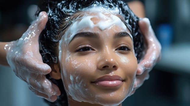 Woman getting hair washed at salon. Concept of hair care, beauty, and relaxation