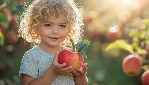 A cheerful child holding an apple in an orchard. Concept of health, nature, and childhood.