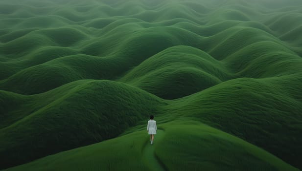 Woman walking alone on rolling green hills. Concept of journey, solitude, and nature.