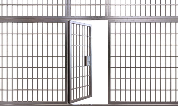 Open jail cell door on a transparent background 3d, symbolizing freedom