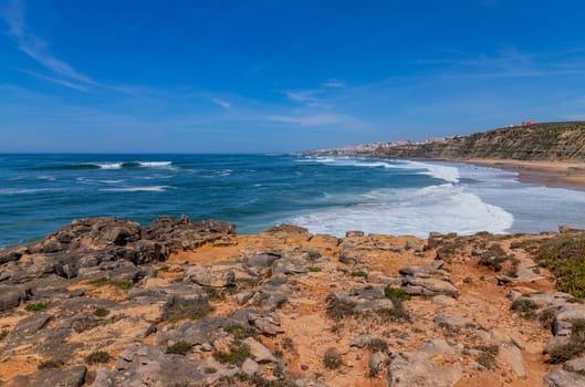 View of ocean waves and fantastic rocky coast in Ericeira, near Lisbon. Portugal