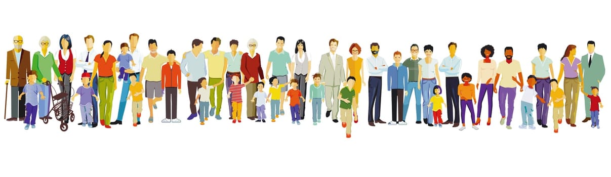 A  large group of parents with children, isolated illustration