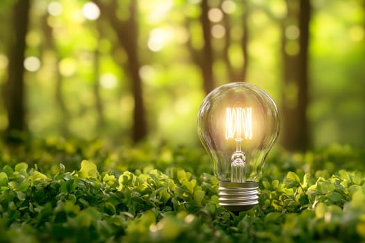 A glowing light bulb on a forest background. Natural energy and environment concept. AI generated