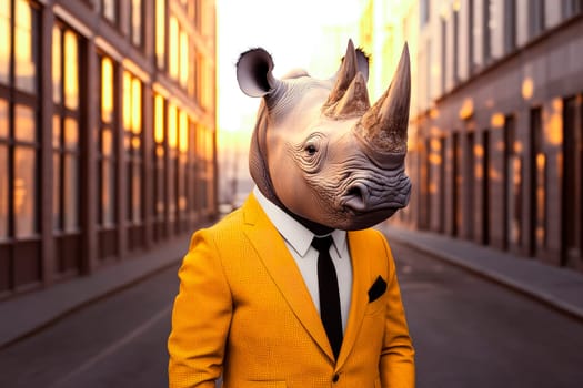 A rhinoceros in yellow suit standing on empty street next to office buildings. AI generated